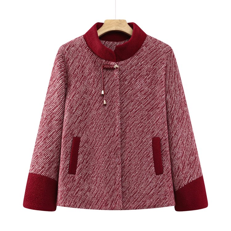 中老年女士红色毛呢大衣秋冬新款加厚保暖宽松显瘦外套大码女装 XL 紫色