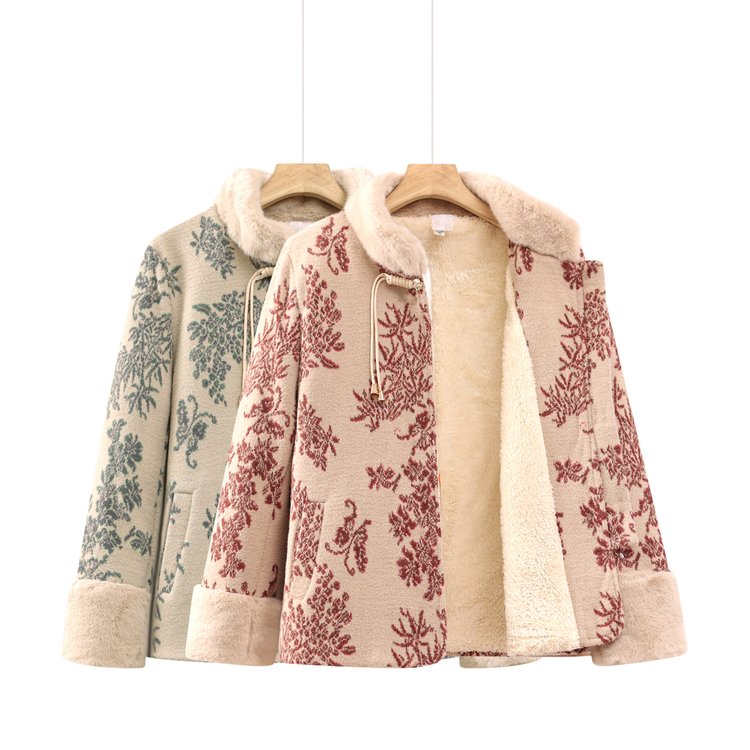 冬季中老年女士毛呢大衣加厚保暖仿羊羔绒领口设计外套 XL 红色