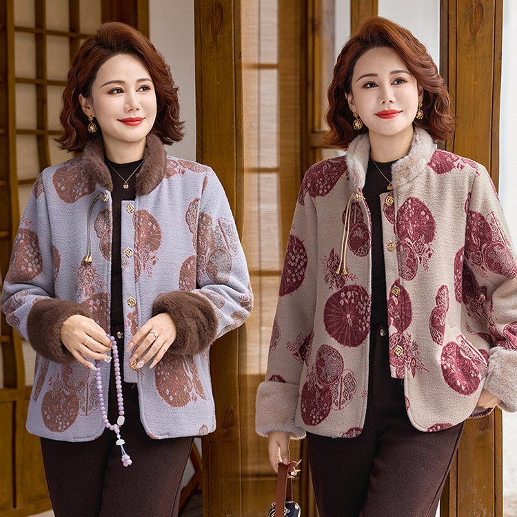 优雅中老年女士冬季保暖棉服大码加厚外套时尚印花毛领设计显瘦百搭 XL 浅紫色