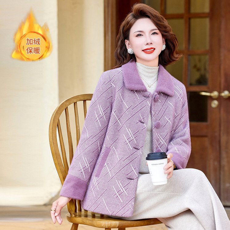 优雅女士秋冬加绒保暖紫色毛呢大衣中老年妈妈款外套 XL 粉紫色