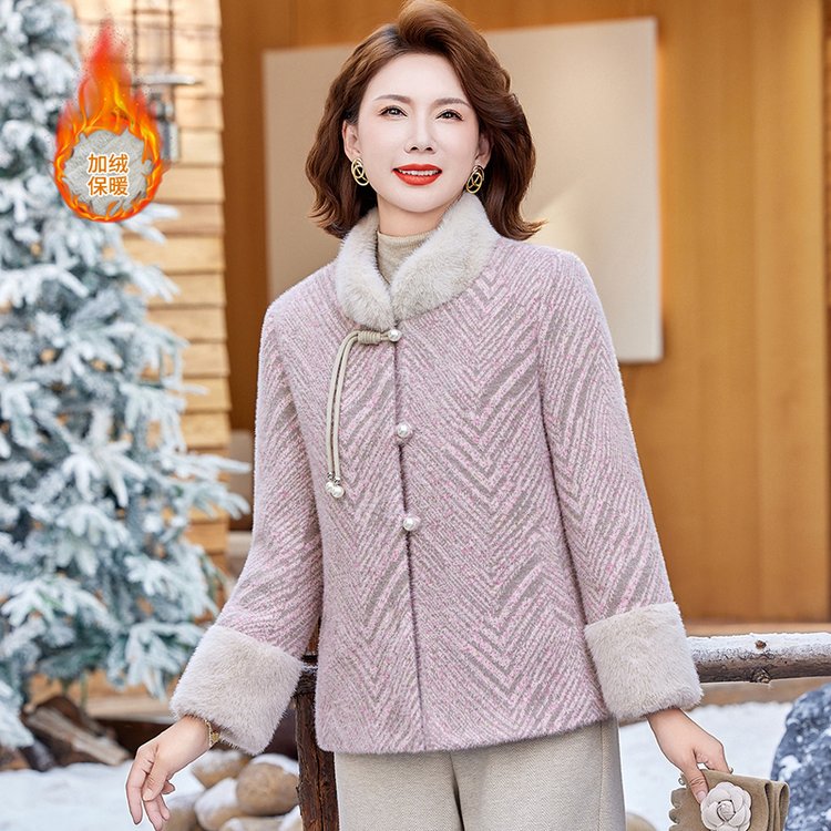冬季加绒保暖中老年女士粉色人字纹棉服外套大码宽松设计显瘦舒适 XL 粉红色