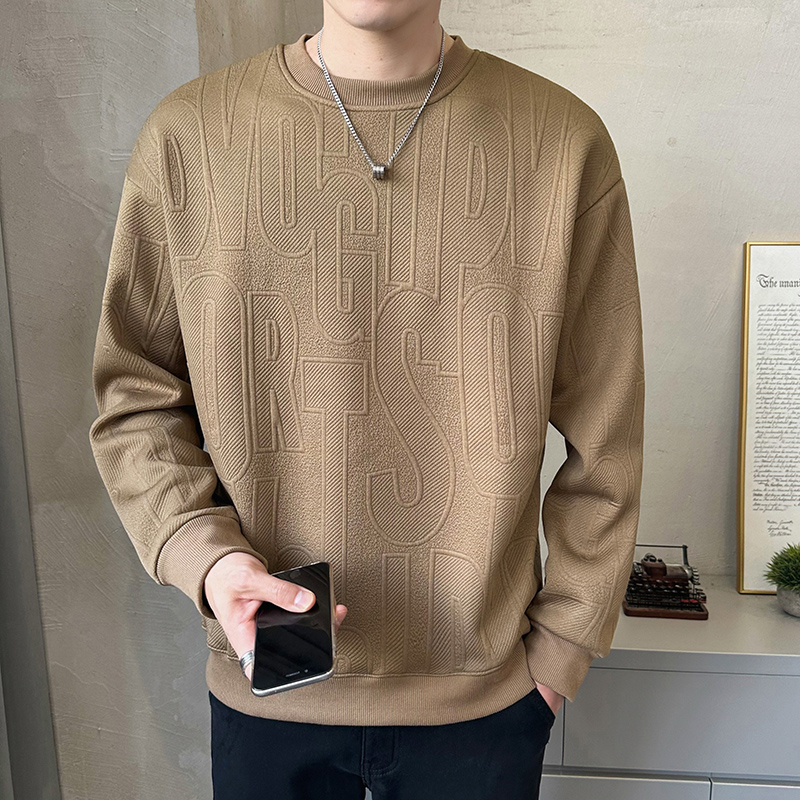 新款时尚男装潮流加绒舒休闲合身字母提花卫衣-22311 3XL 卡其色