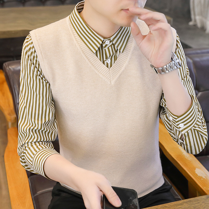 29007新款假两件男衬衫领针织衫 M 卡其色