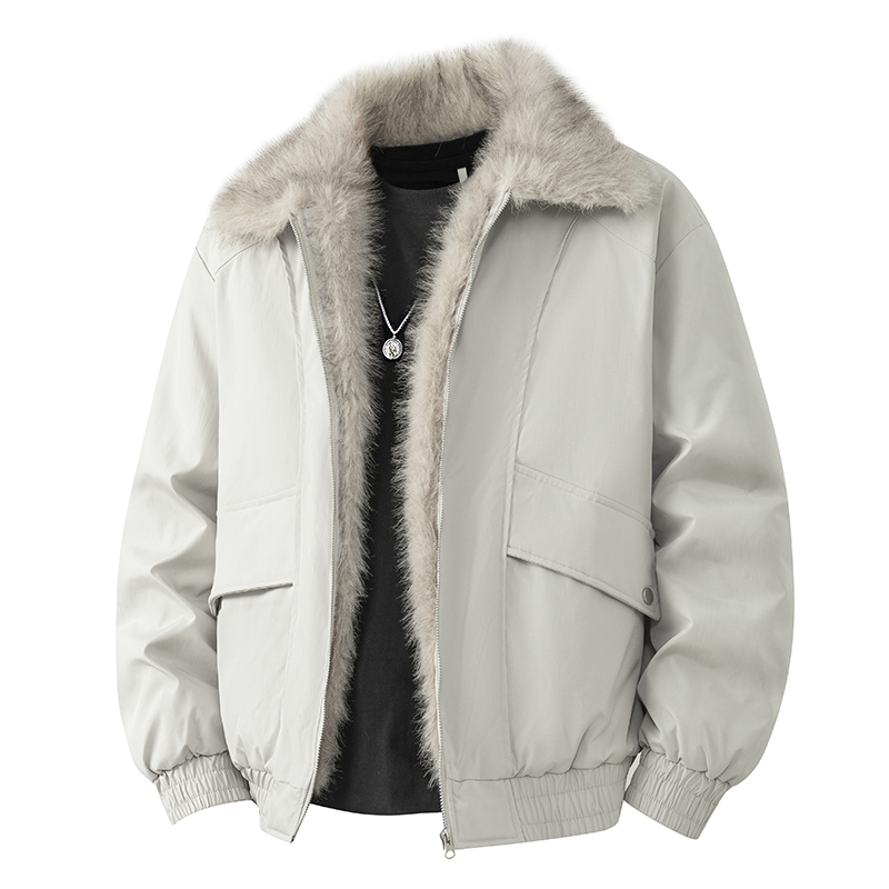 9706 P88 冬季重磅翻领夹克棉服男座山雕派克服加绒毛领保暖外套  S【80-100斤】 白灰色