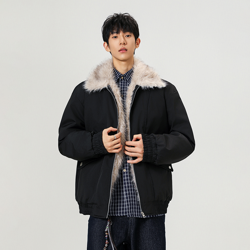 9706 P88 冬季重磅翻领夹克棉服男座山雕派克服加绒毛领保暖外套  S【80-100斤】 白灰色