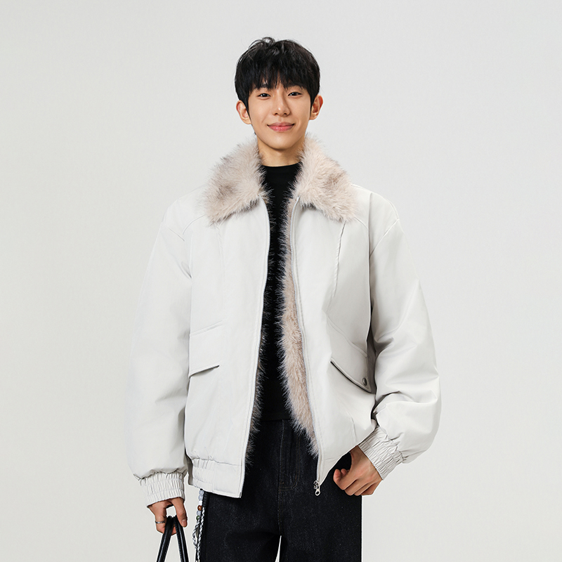 9706 P88 冬季重磅翻领夹克棉服男座山雕派克服加绒毛领保暖外套  S【80-100斤】 白灰色