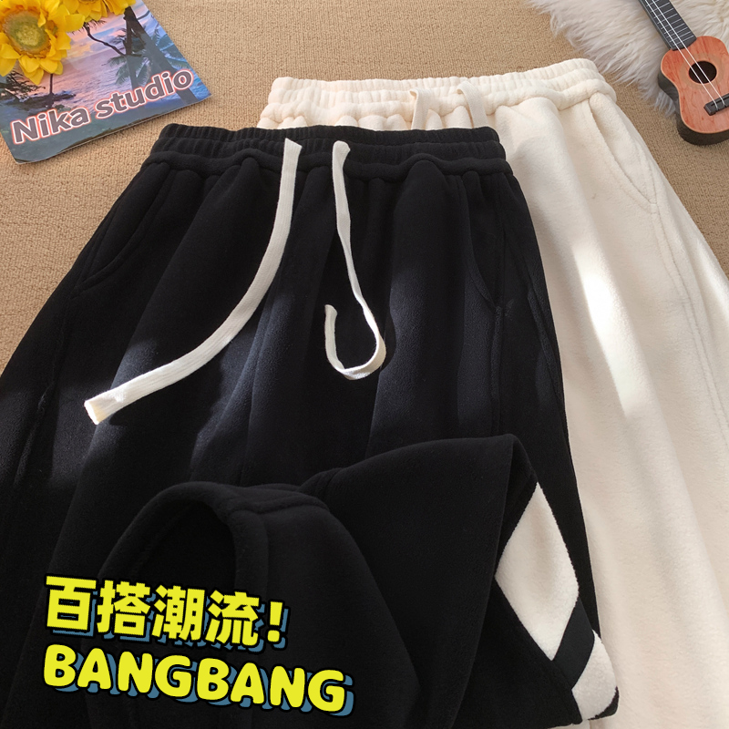 N2533 P32 重磅摇粒绒休闲裤男学生条纹加绒加厚运动卫裤冬 毛毯 M【90-110斤】 米白色