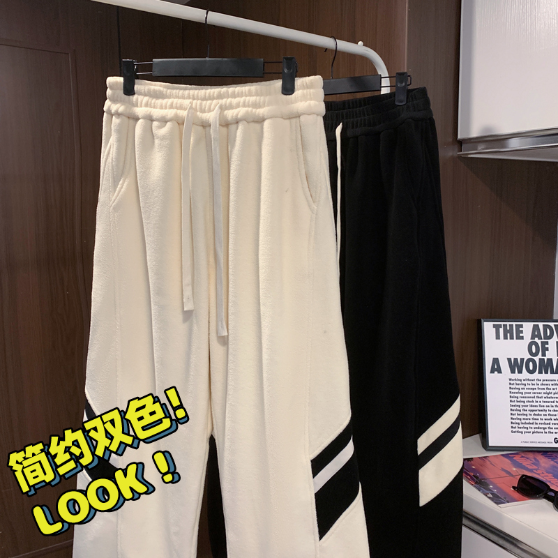 N2533 P32 重磅摇粒绒休闲裤男学生条纹加绒加厚运动卫裤冬 毛毯 M【90-110斤】 米白色