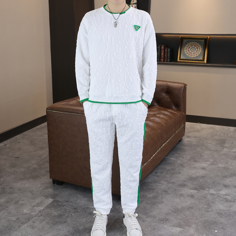 918款男士春秋季休闲时尚长袖长裤两件套装 L 白色