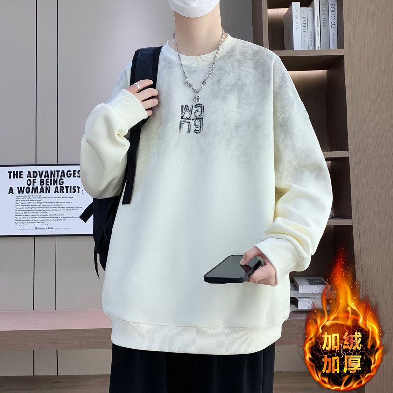 爆款86665-加绒加厚卫衣男港风青少年宽松保暖套头冬季T恤打底衫 M 86665白色-（加绒款）