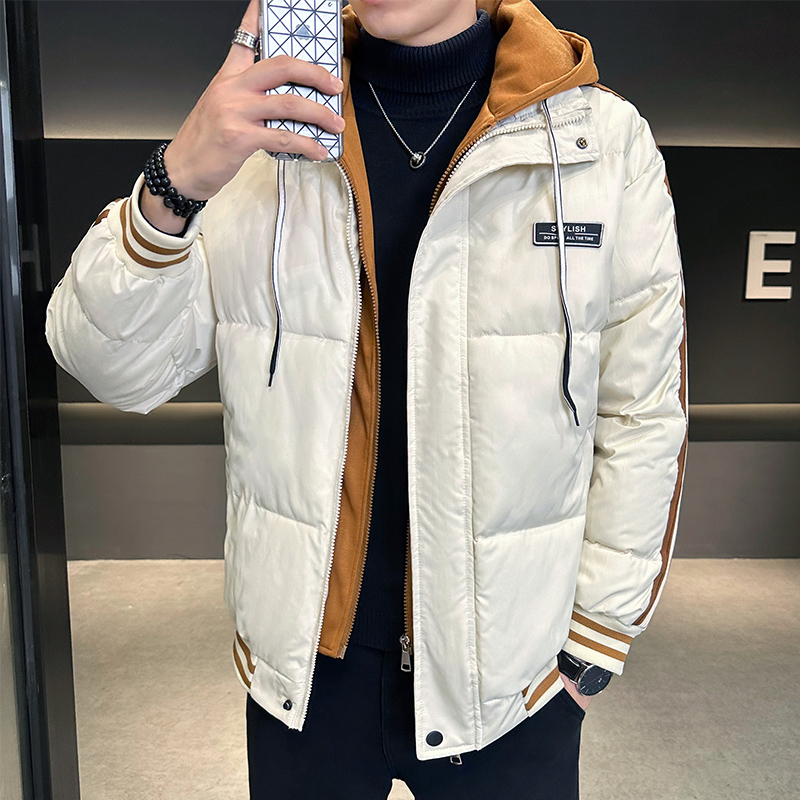 小牛津复合防水面料 冬季加厚棉衣男宽松时尚条纹假两件连帽外套-M100款（玻璃门景） M 米白