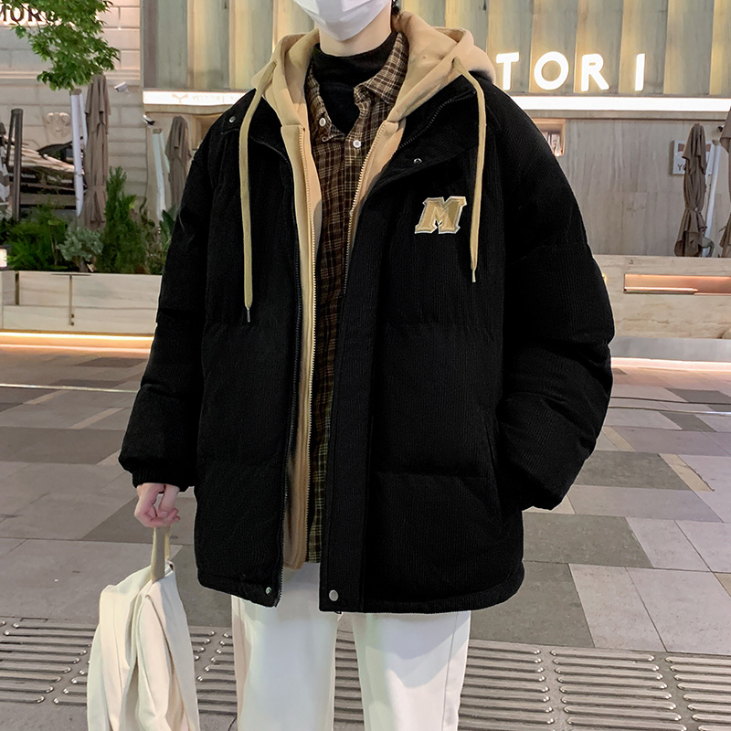 淘金币10642-青少年大童加绒加厚保暖灯芯绒假两件连帽棉衣--M5306款 S 黑色