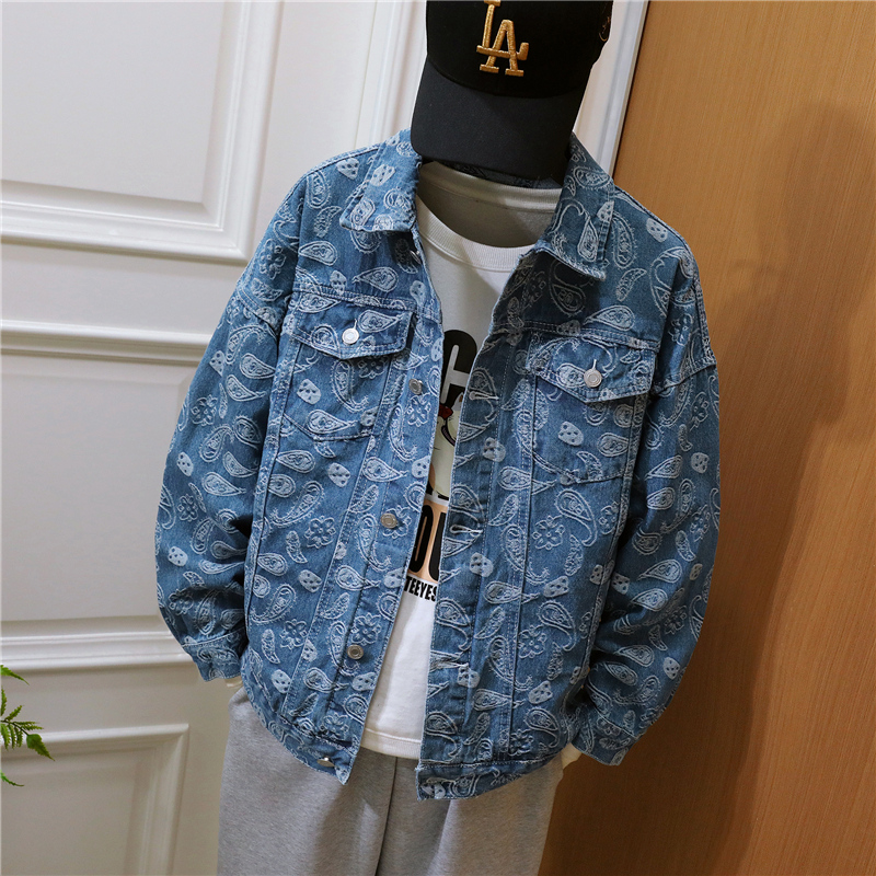 NJK1799青少年秋季新款腰花牛仔落肩袖休闲宽松外套-更衣间模特图 M 蓝色