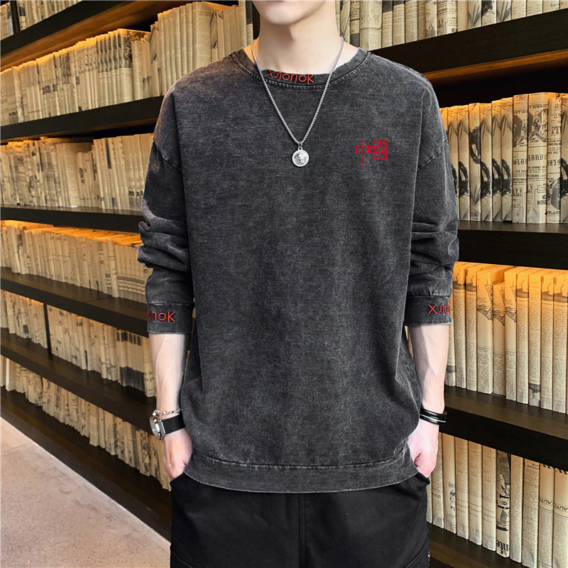 TX2074青少年秋季水洗牛仔圆领印花长袖T恤 M 黑色