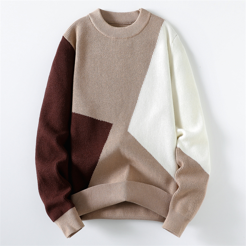 男士秋冬季潮牌潮流休闲宽松圆领撞色保暖毛衣M8662-白底平铺图 M 卡其色