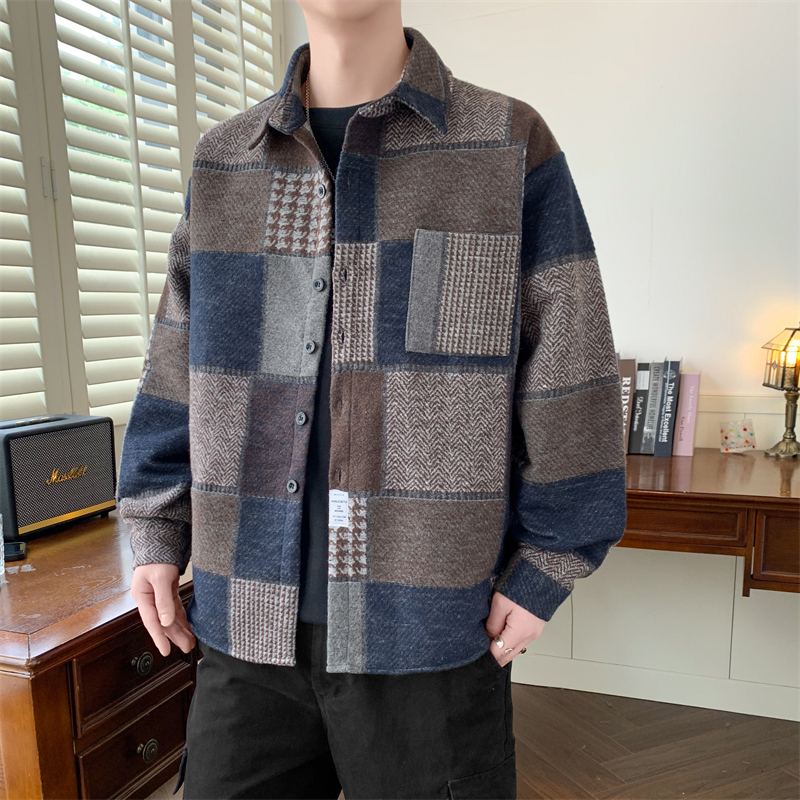 CS2001男士春秋季新款青年宽松毛呢衬衫格子外套休闲衬衣男装
