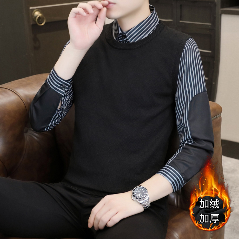 MQ801P45加绒P55男士秋冬季假两件衬衫领毛衣青年拼接套头针织衫 M 白色