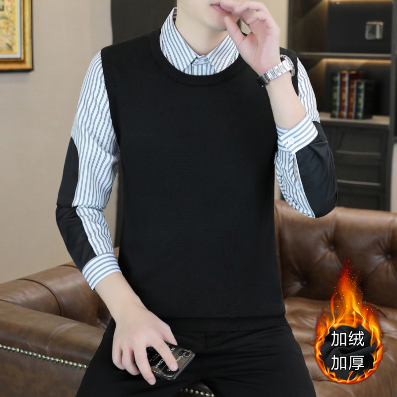 MQ801P45加绒P55男士秋冬季假两件衬衫领毛衣青年拼接套头针织衫 M 白色