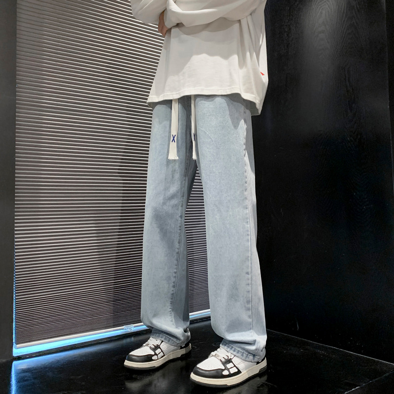 直筒牛仔裤男女款春夏潮牌宽松美式高街阔腿裤拼接休闲长裤子男-808【控价59】 S 浅蓝