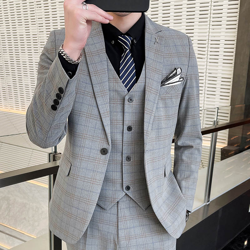 男士西服套装韩版格子新郎结婚礼服休闲商务正装修身西装三件套春-tz2232 M-165 灰色西服
