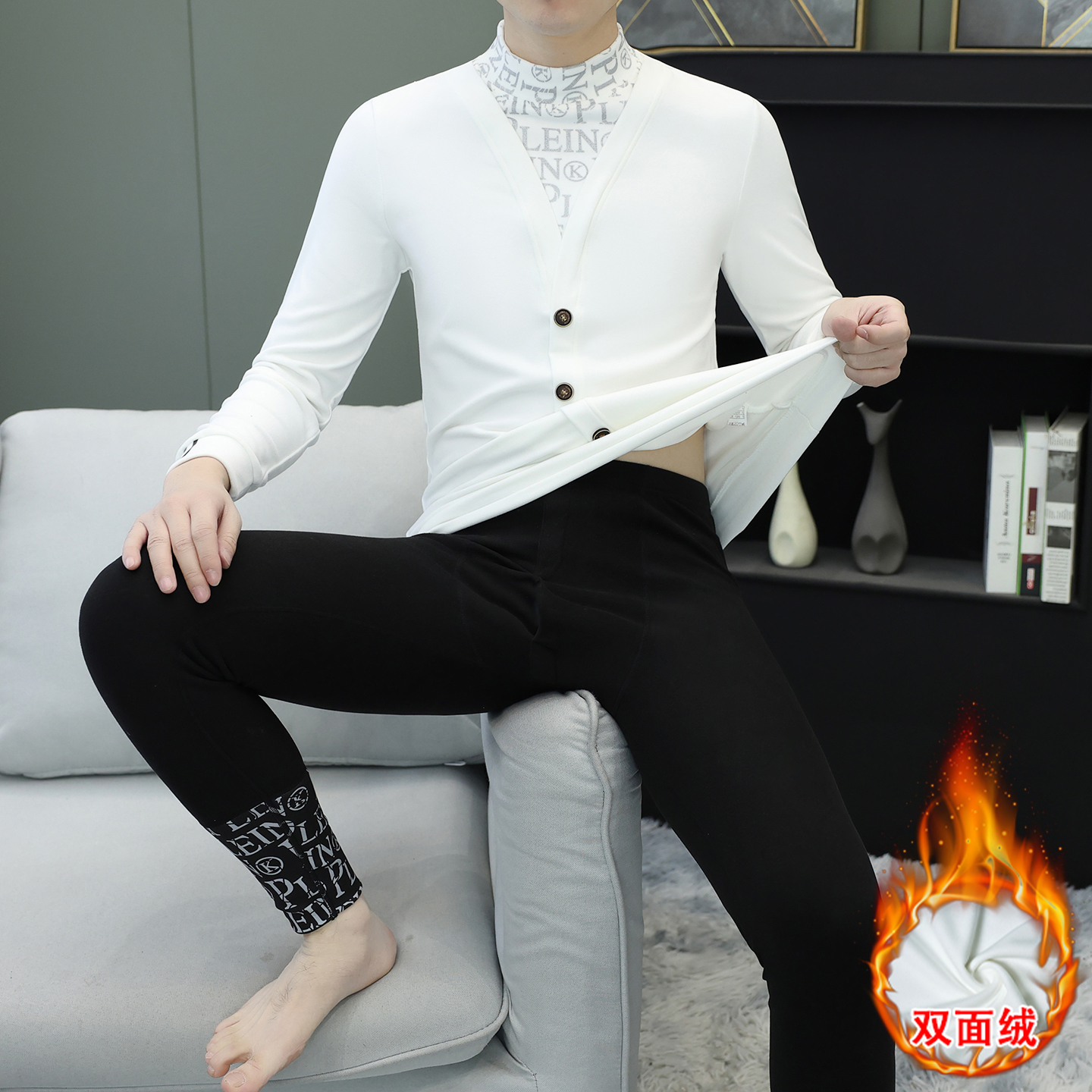 0577-群29冬季新款男士德绒假两件保暖内衣套装秋衣秋裤套装 M 白色