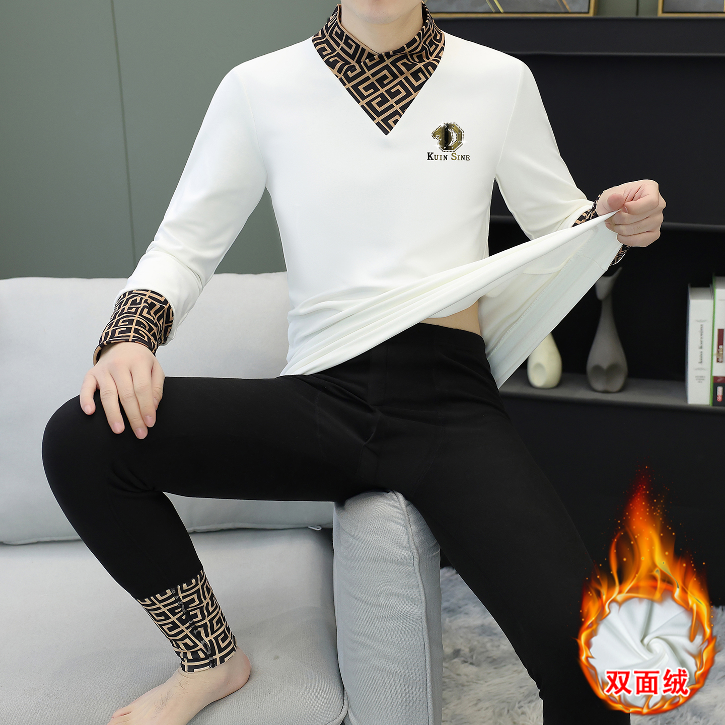 0577-群29冬季新款男士德绒假两件保暖内衣套装秋衣秋裤套装 M 白色