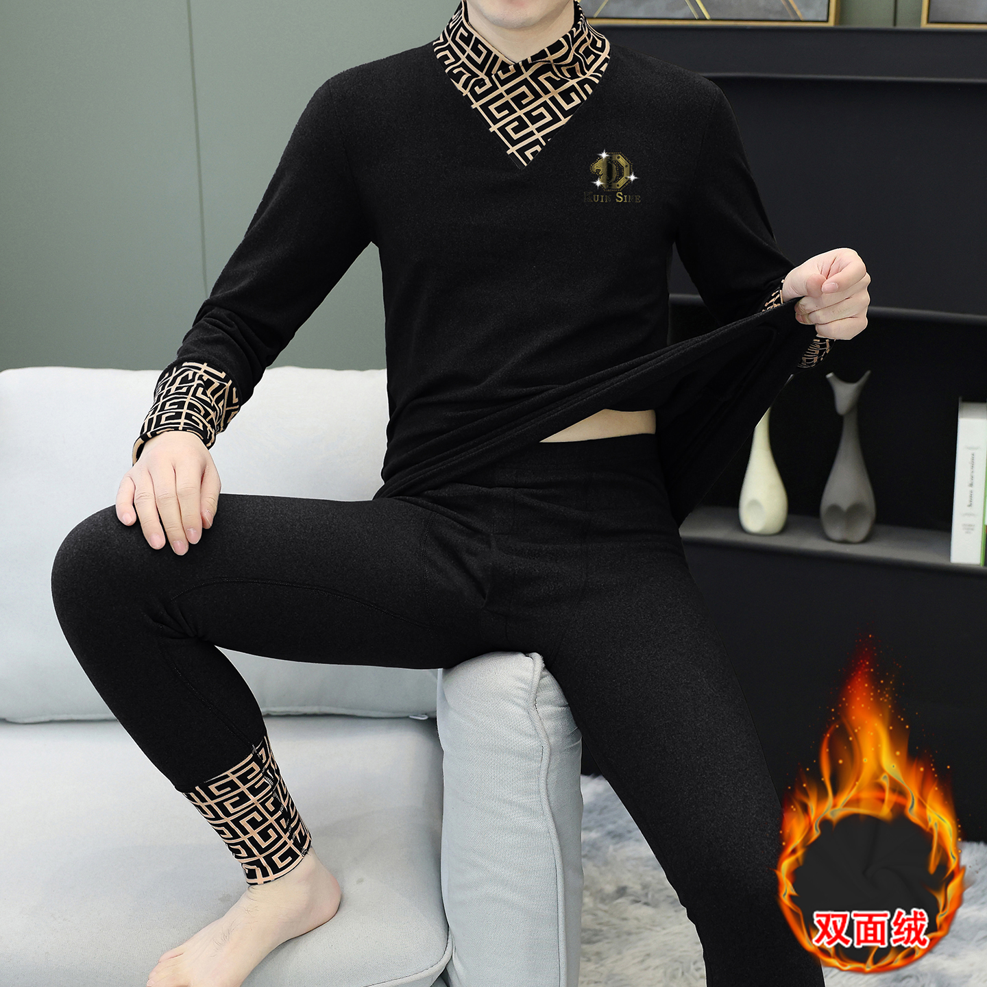 0577-群29冬季新款男士德绒假两件保暖内衣套装秋衣秋裤套装 M 白色