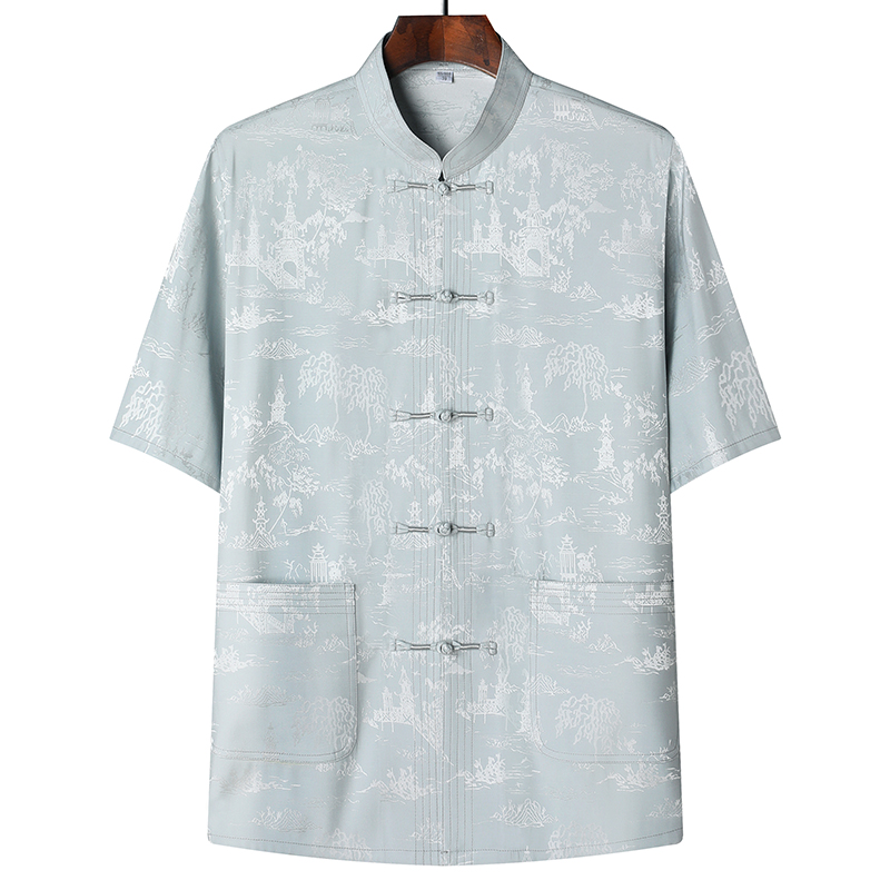 2337新款唐装男夏季爸爸冰丝短袖礼服祝寿喜庆中老年提花衬衫上衣 39 果绿色上衣