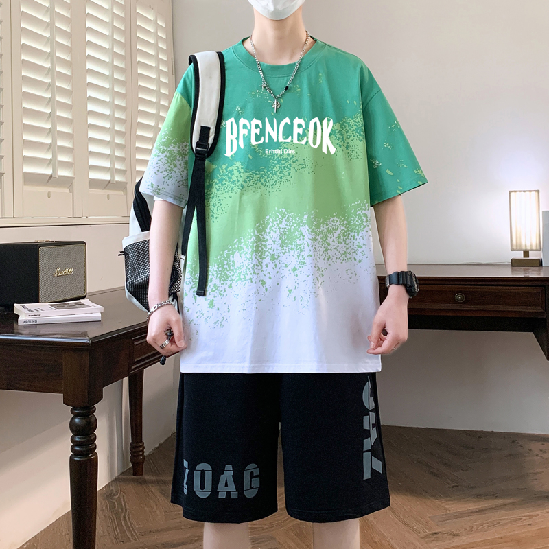 142-K06 夏季渐变阔版短袖青少年学生休闲T恤衫+大字母短裤 M 白色套装