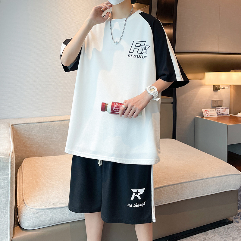 夏季新款韩版青少年短袖T恤衫时尚帅气潮流男两件套--5020 M 白色套装