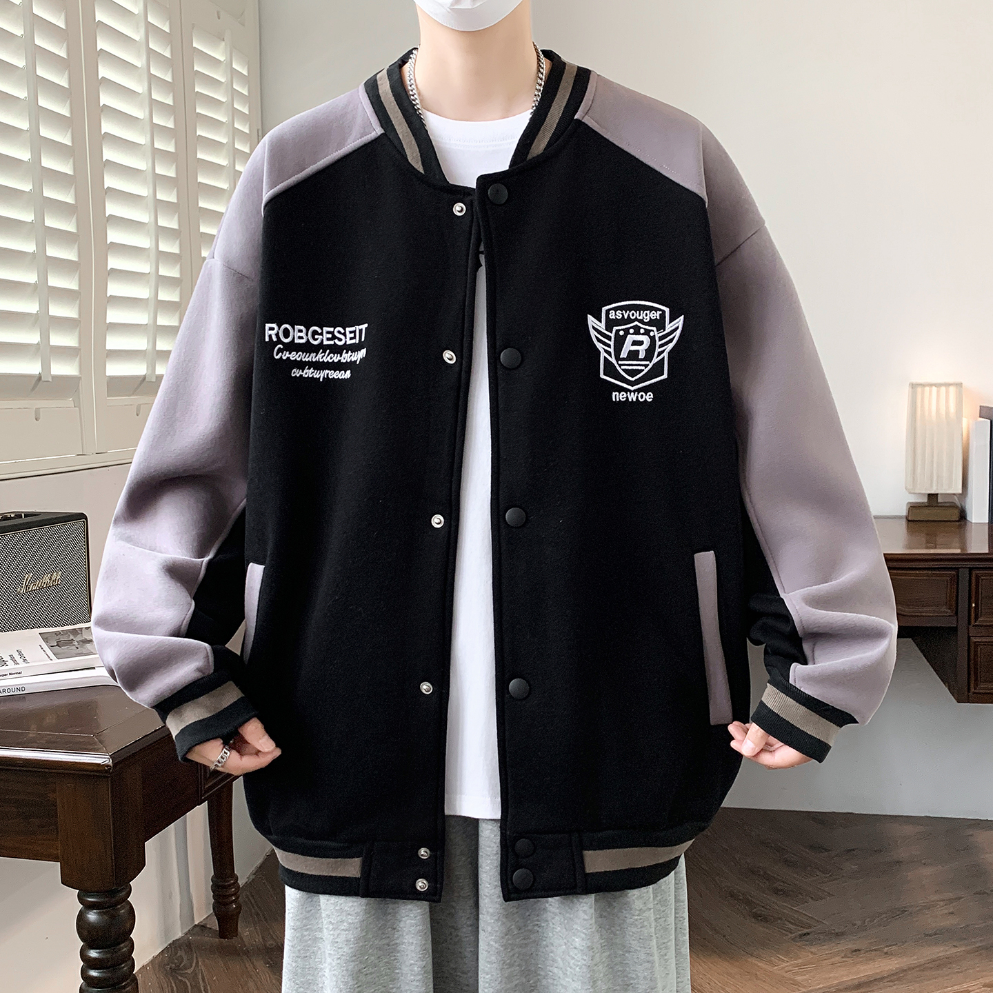 休闲拼接棒球服夹克少年感百搭外套男826-春秋P48-加绒58 M 黑色春秋款