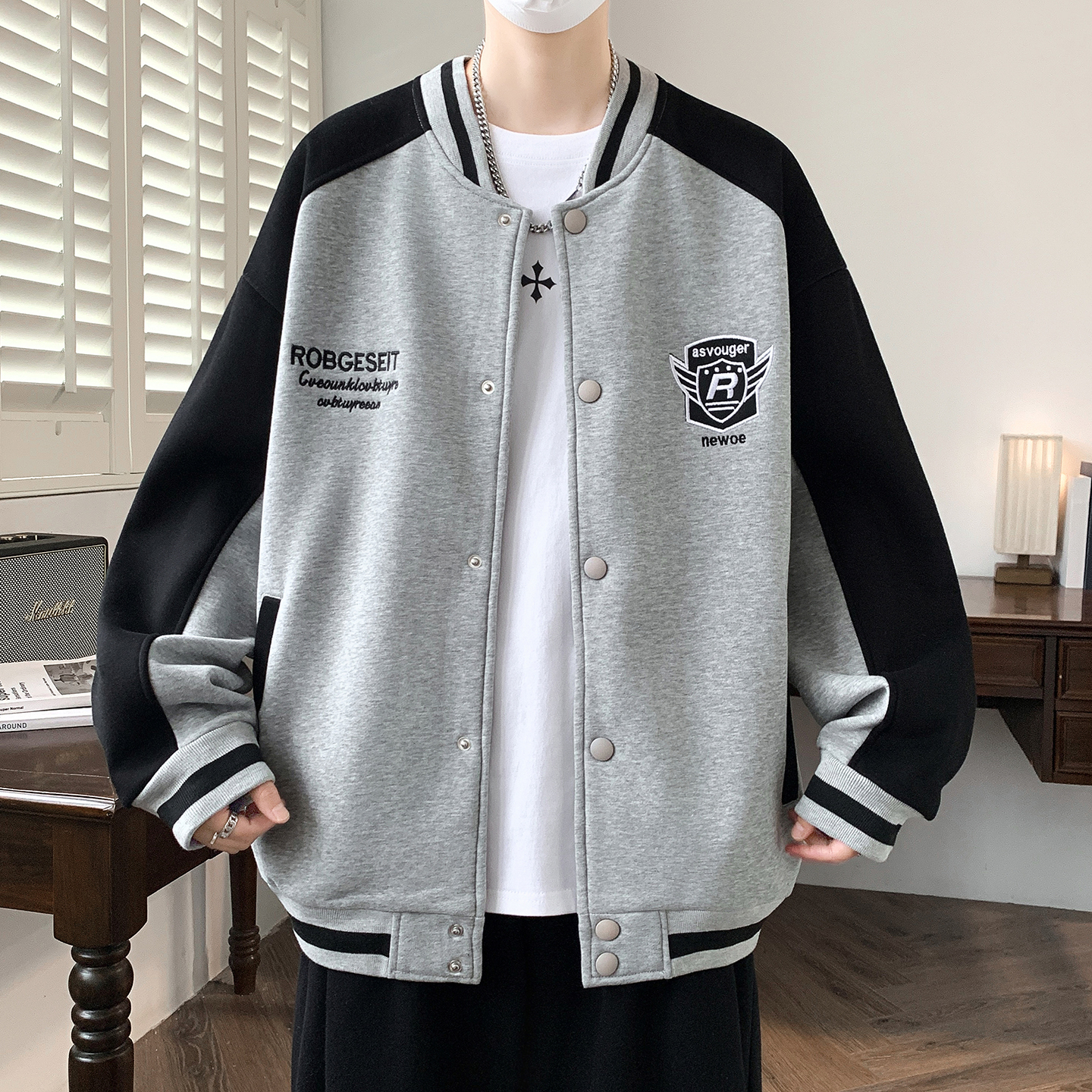 休闲拼接棒球服夹克少年感百搭外套男826-春秋P48-加绒58 M 灰色春秋款