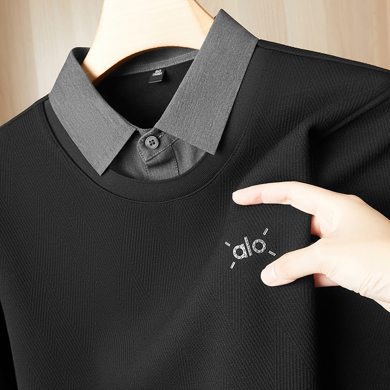 男士假二件衬领打底衫冬季加绒加厚保暖内衣男修身长袖上衣