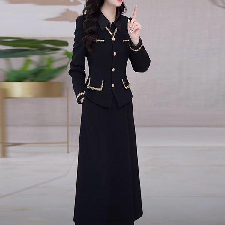 优雅中老年女士黑色长袖套装金边装饰显瘦设计春秋新款大码两件套 XL 黑色