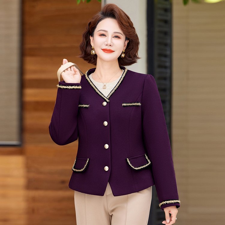 优雅中老年女士紫色长袖外套大码显瘦设计春秋款时尚百搭西装领上衣 XL 黑色