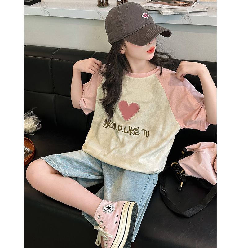 美丫丫&MYY8097晕染T恤牛仔短裤套装 120cm 粉色上衣