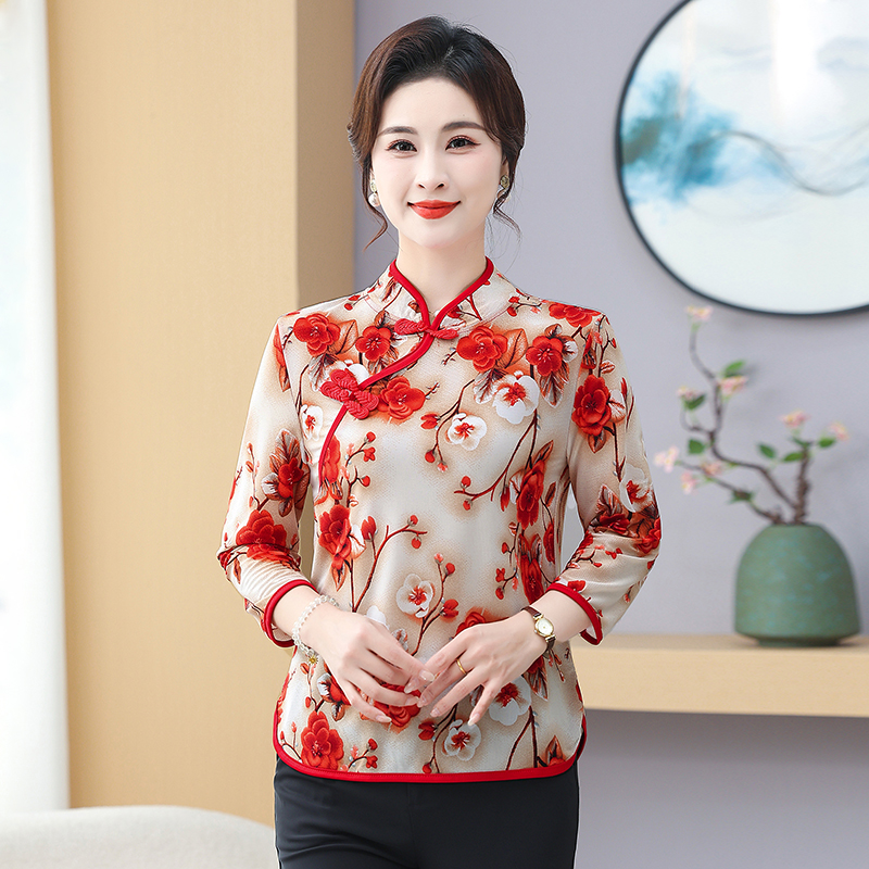 2513-新款立领高贵妈妈装气质显瘦夏季新中式旗袍上衣 XL 红色
