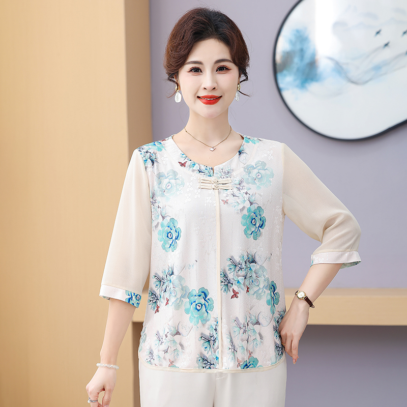 2512-中式国风中年女士时尚上衣夏季新款t恤 XL 蓝色