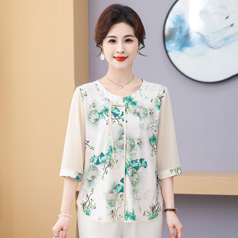 2511-中式中老年妈妈小衫夏季国风时尚女T恤 XL 绿色