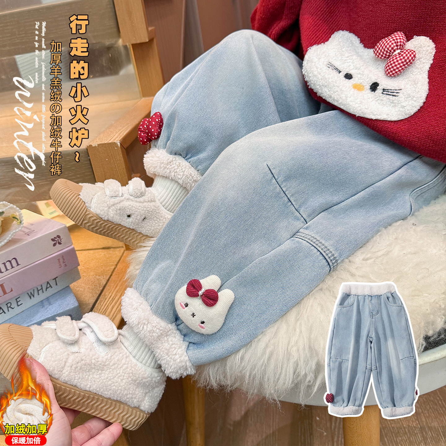 小豆町&D223蝴蝶结小兔加绒牛仔裤