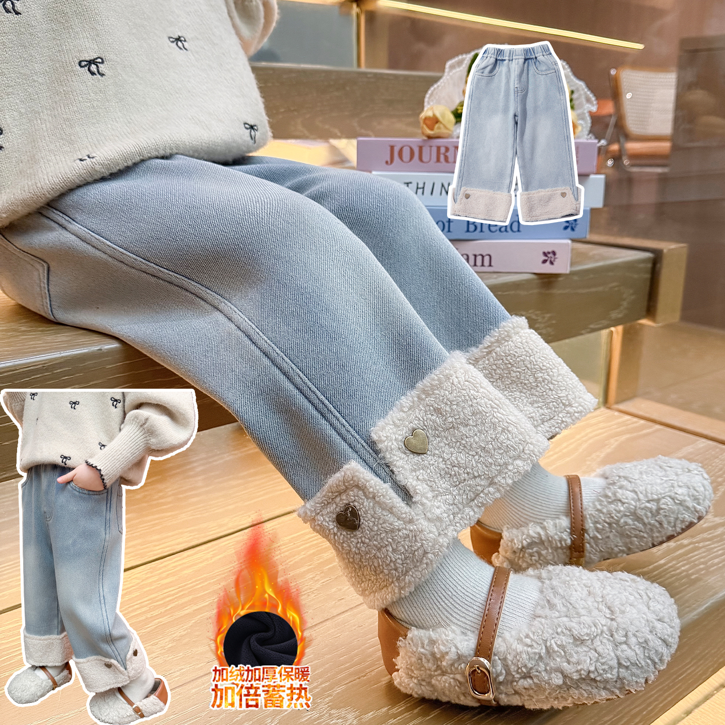 小豆町&D221爱心扣子加厚牛仔裤