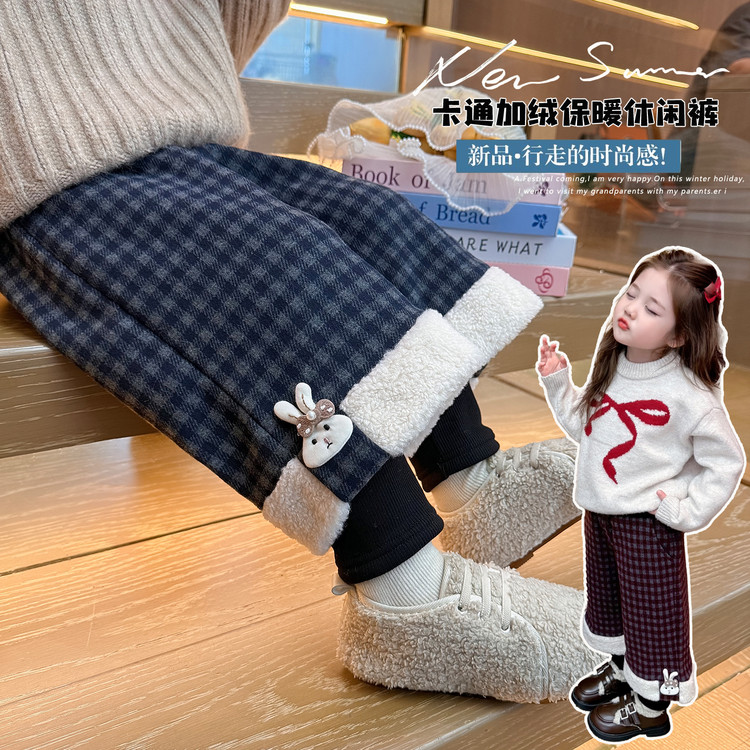 小豆町&B1-2511格子假两件加绒裤