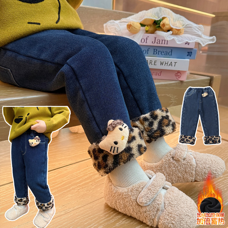 小豆町&B1-2506豹纹脚口加绒牛仔裤