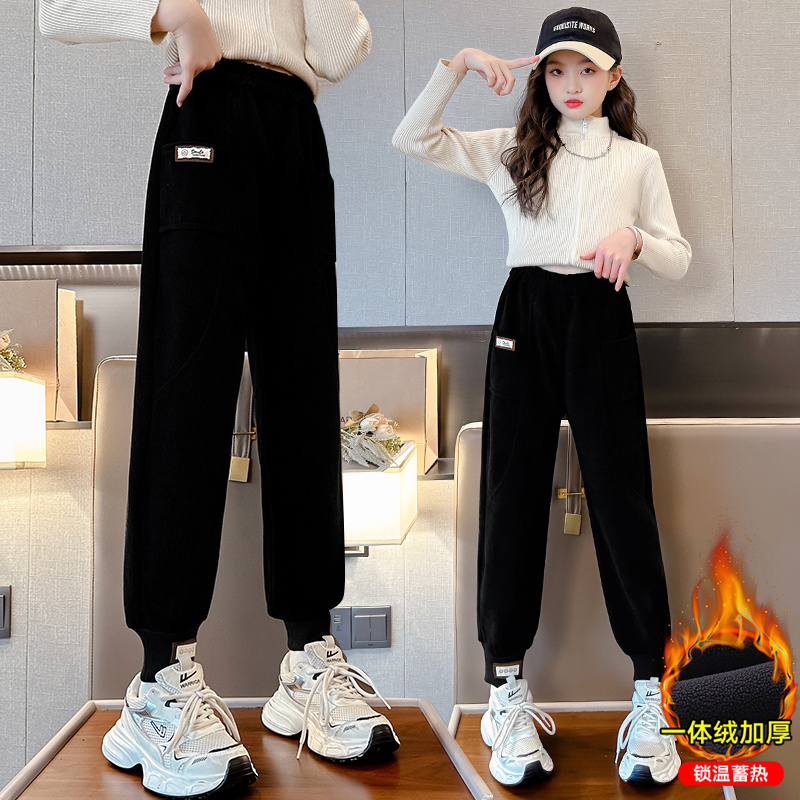 潮童新款时尚洋气百搭修身加绒保暖一体绒笑脸螺纹脚口裤 120 黑色