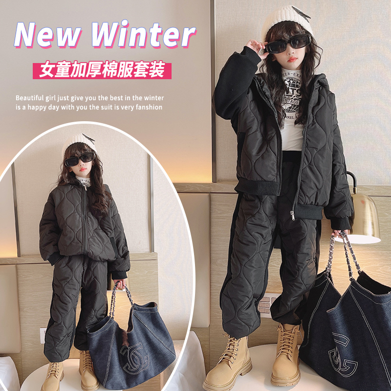 新款时尚洋气爆版女童加绒加厚保暖套装D3015