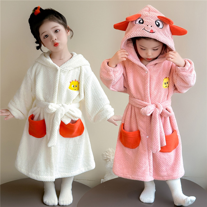 小核桃&L2543珊瑚绒女童卡通连帽恐龙睡袍浴巾