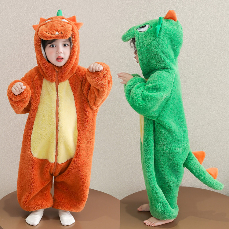 小核桃&A2509女童珊瑚绒恐龙连帽连体衣
