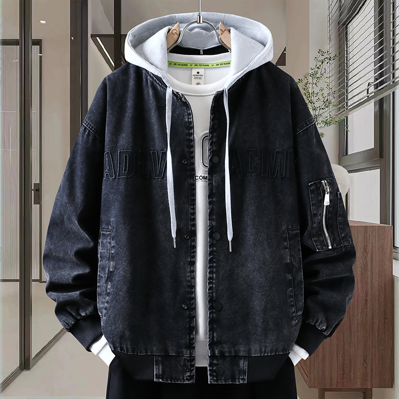 6691款休闲潮流连帽牛仔外套 XL 黑色
