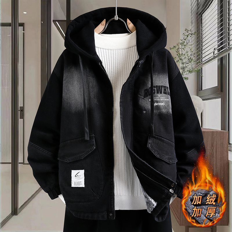 2025冬季新款连帽加绒加厚牛仔外套男青少年中学生保暖派克服夹克 M 649A款