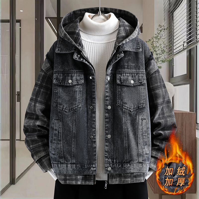 加绒假两件牛仔夹克男黑白格子拼接青少年学生秋冬高级感加厚外套 M 黑色
